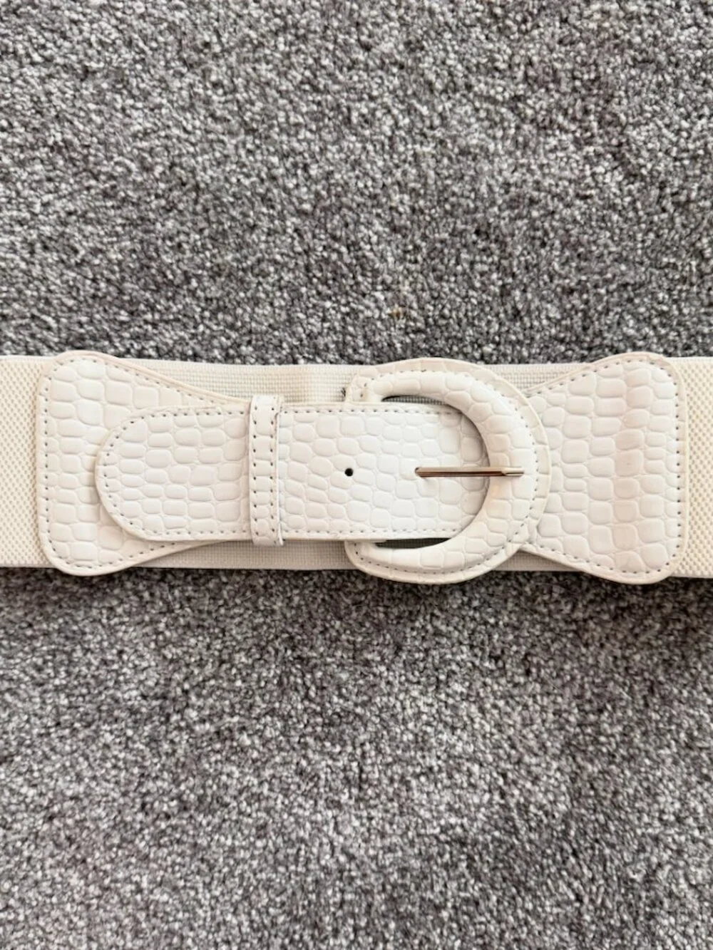 Ivory Stretch Waist Belt Faux Croc Statement Buckle Wide Elastic Cinch Belt